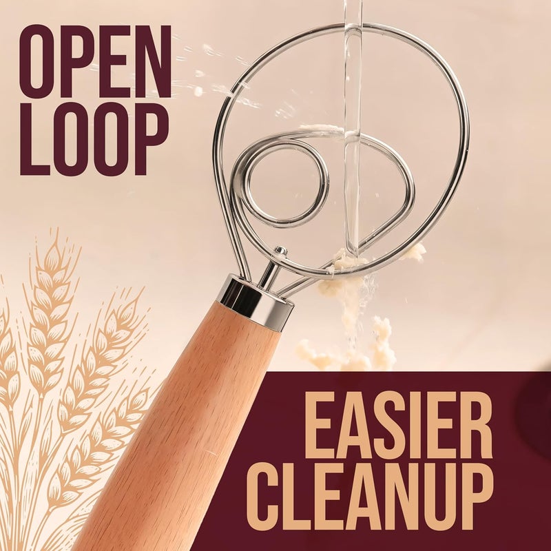 Superbaking Danish Dough Whisk - 12" Bread Whisk for Dough Mixing - Single Eye Design Sourdough Whisk - Sourdough Bread Baking Supplies - Bread Making Tools and Accessories - Ergonomic Wooden Handle - Image 5